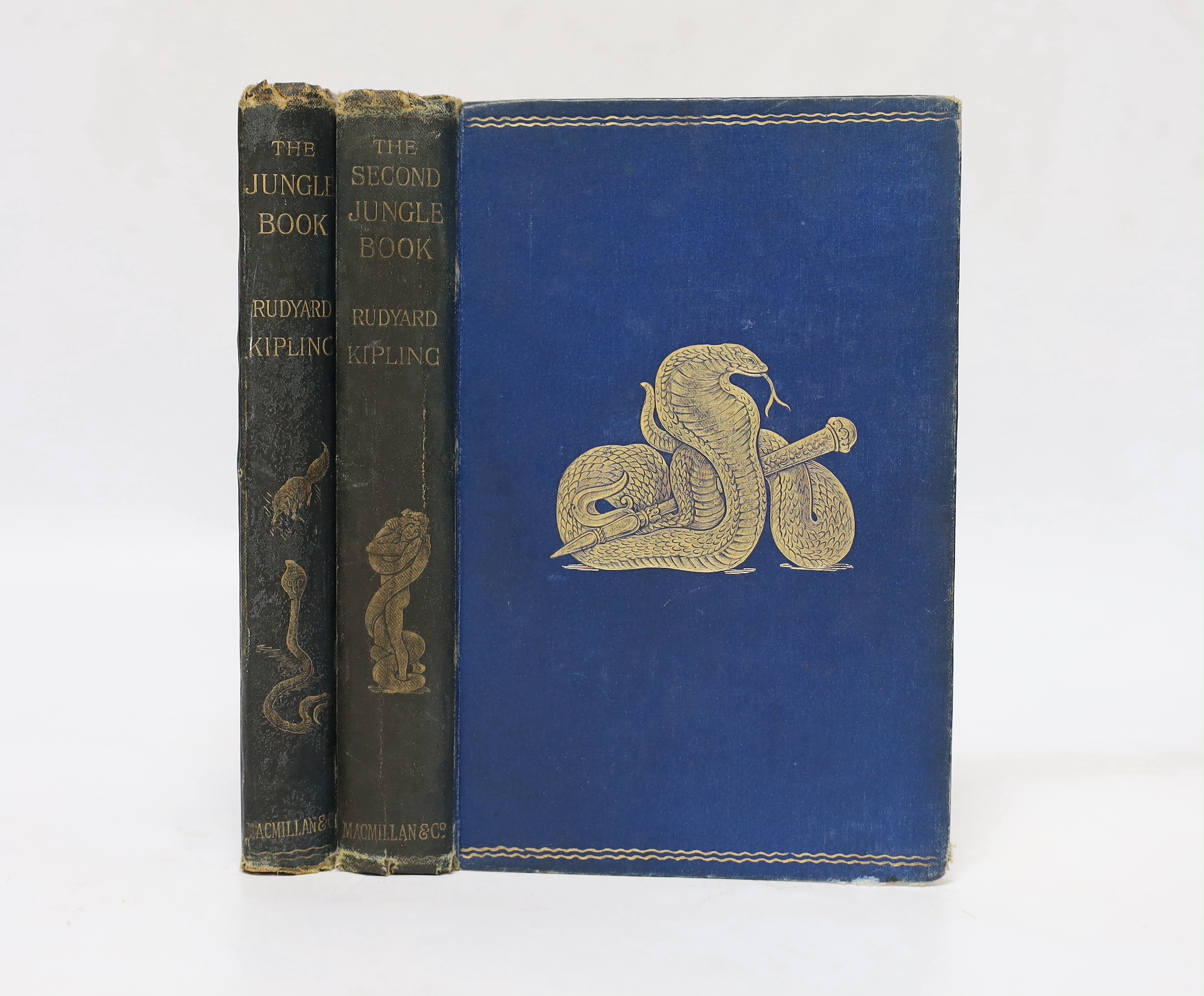Kipling, Rudyard - The Jungle Book. First Edition. frontis., num. full page and other illus. (by John Lockwood Kipling and others), text decorations; publisher's gilt pictorial cloth and ge. 1894; Kipling, Rudyard - The
